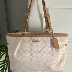 Coach Cream Signature Tote with Tan Leather Trim
